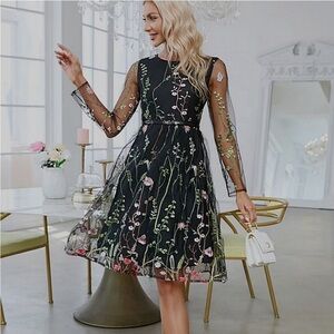 Floral Black Embroidered Dress